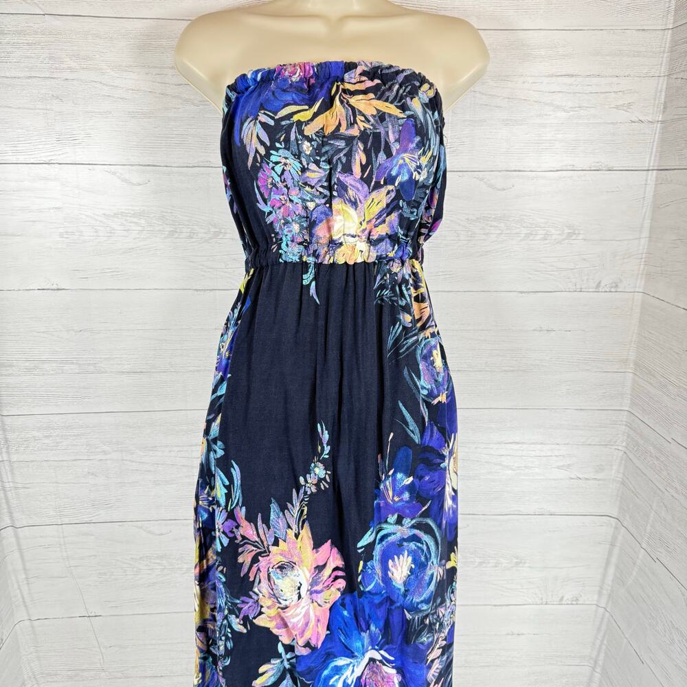 VTG Navy blue floral‎ large y2k maxi dress tropical cottage coquette strapless - Picture 4 of 13